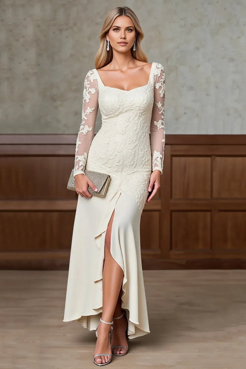Romantic Champagne  Mermaid Square Neck Lace Sleeve Back Zip Ankle-Length Mother of the Bride Dress with Slit