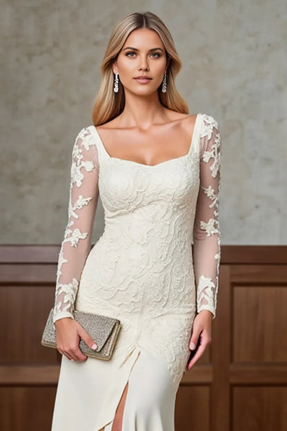 Romantic Champagne  Mermaid Square Neck Lace Sleeve Back Zip Ankle-Length Mother of the Bride Dress with Slit