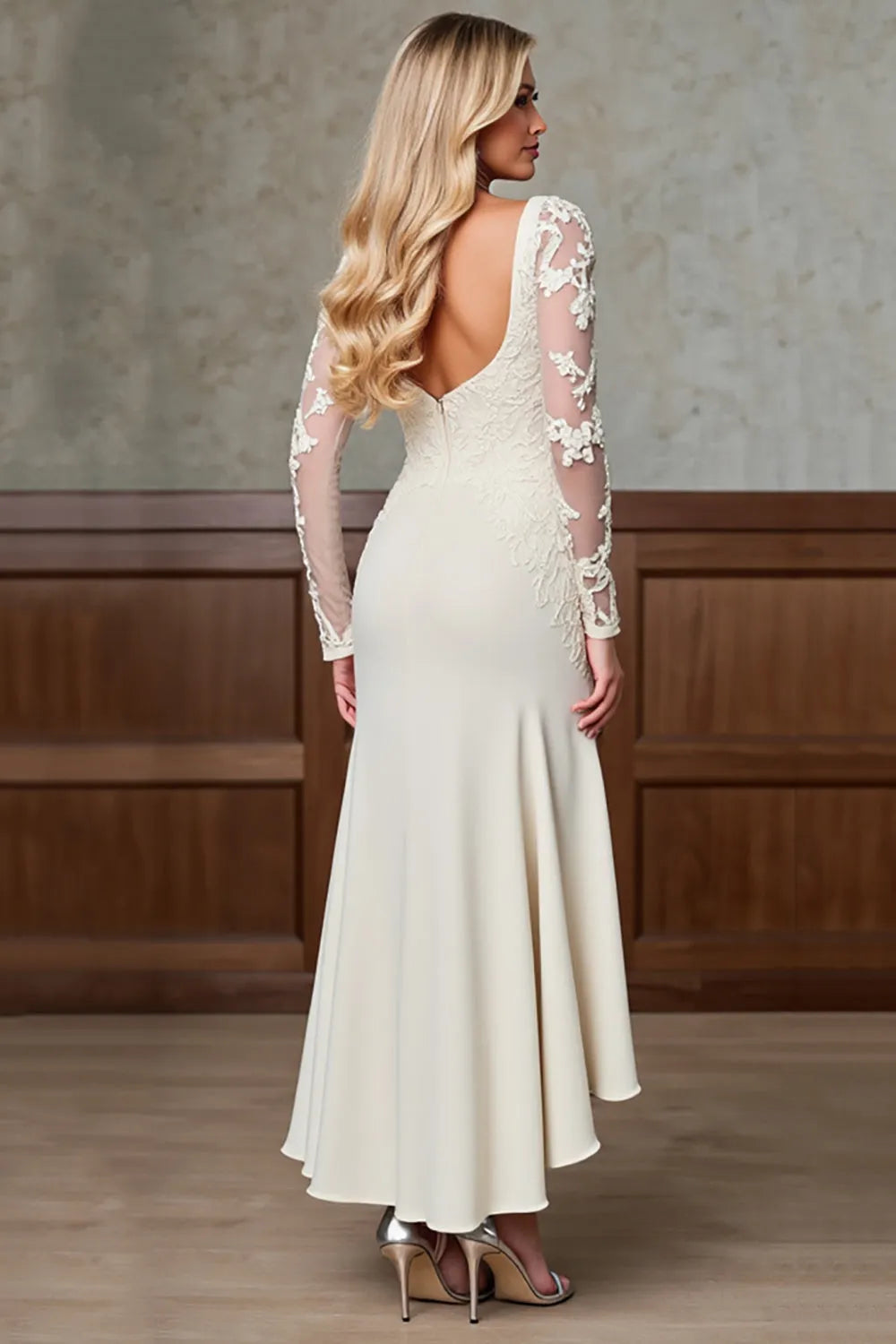 Romantic Champagne  Mermaid Square Neck Lace Sleeve Back Zip Ankle-Length Mother of the Bride Dress with Slit