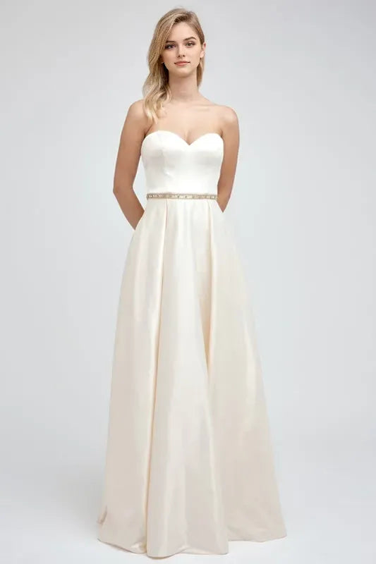 Romantic Champagne Satin A-line Sweetheart Strapless cutout Floor-Length prom dress women Custom
