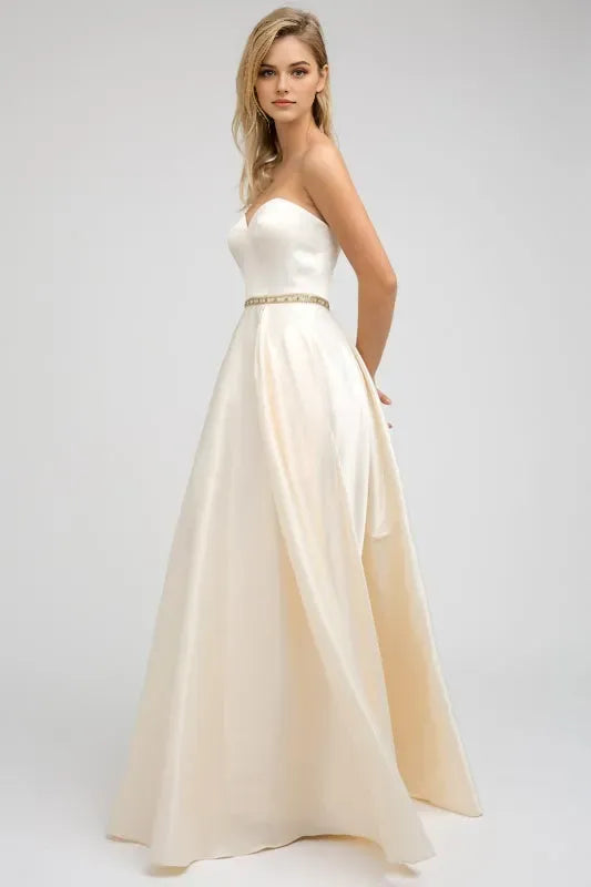Romantic Champagne Satin A-line Sweetheart Strapless cutout Floor-Length prom dress women Custom