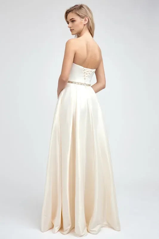 Romantic Champagne Satin A-line Sweetheart Strapless cutout Floor-Length prom dress women Custom