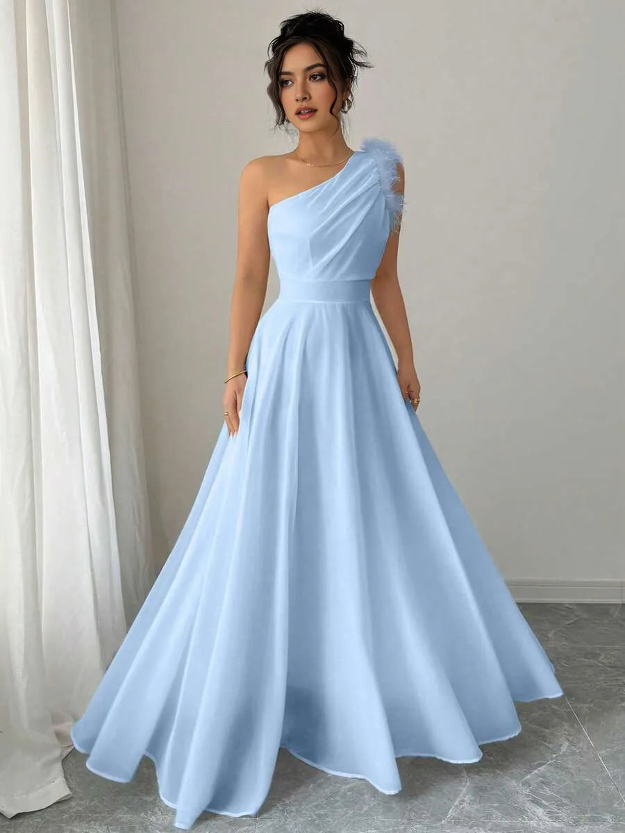 Romantic Chiffon Blue A-Line Asymmetric Neckline Sleeveless Back Zip Floor-Length Prom Dress Hot sale ﻿