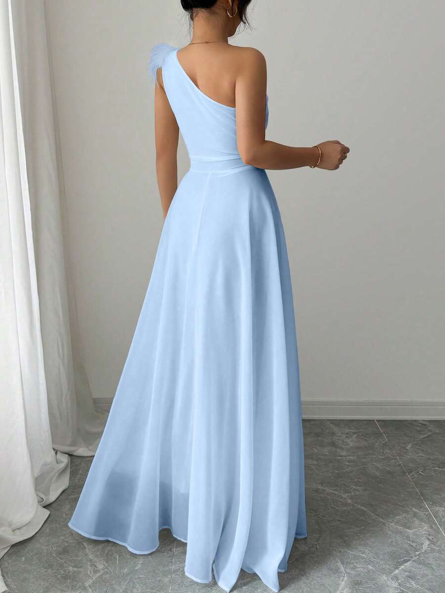 Romantic Chiffon Blue A-Line Asymmetric Neckline Sleeveless Back Zip Floor-Length Prom Dress Hot sale ﻿