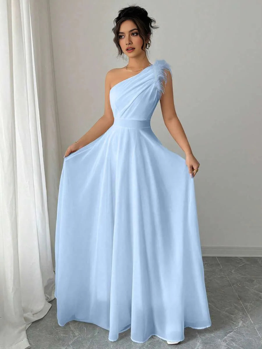 Romantic Chiffon Blue A-Line Asymmetric Neckline Sleeveless Back Zip Floor-Length Prom Dress Hot sale ﻿