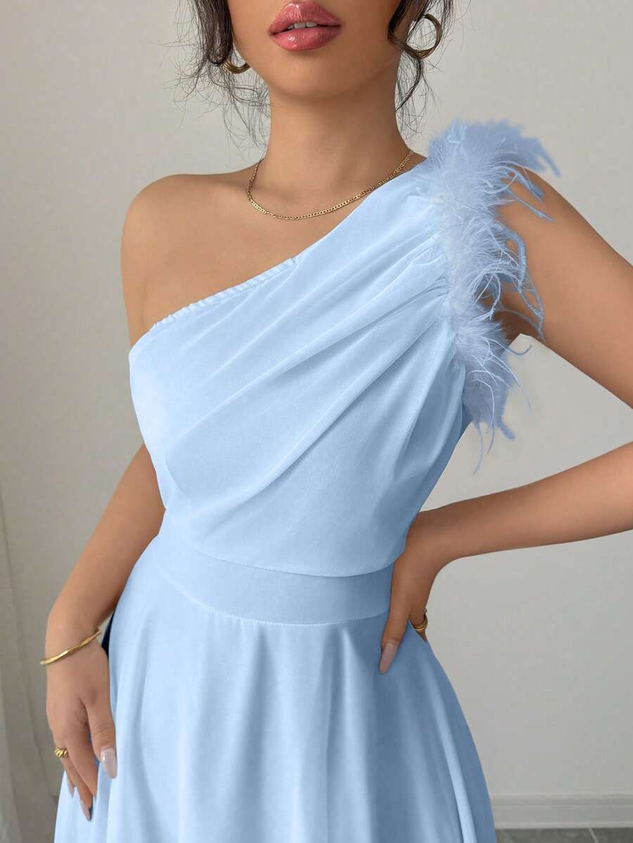 Romantic Chiffon Blue A-Line Asymmetric Neckline Sleeveless Back Zip Floor-Length Prom Dress Hot sale ﻿