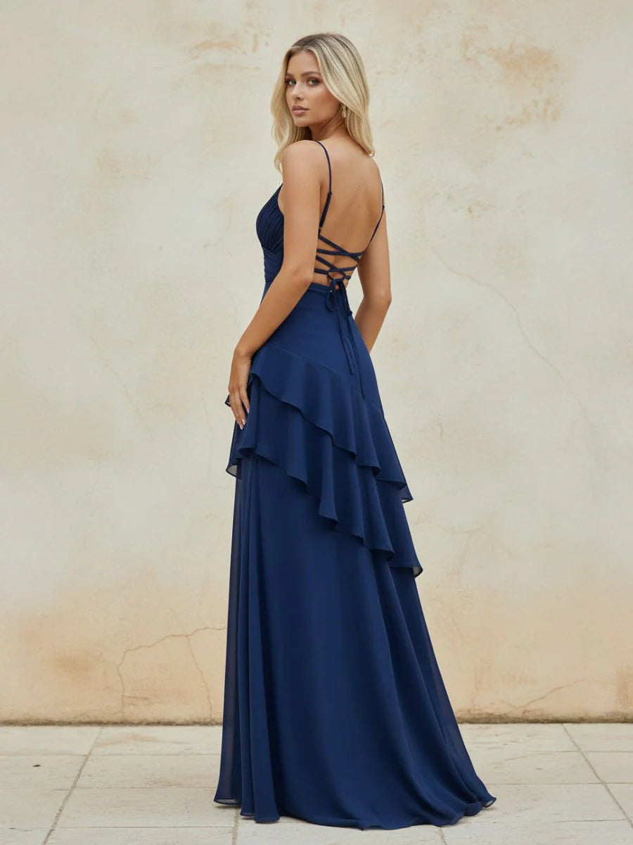 Romantic Chiffon Spaghetti-Strap Sweetheart Lace-Up Back Tiered Ruffle Asymmetric Floor-Length Evening Dress