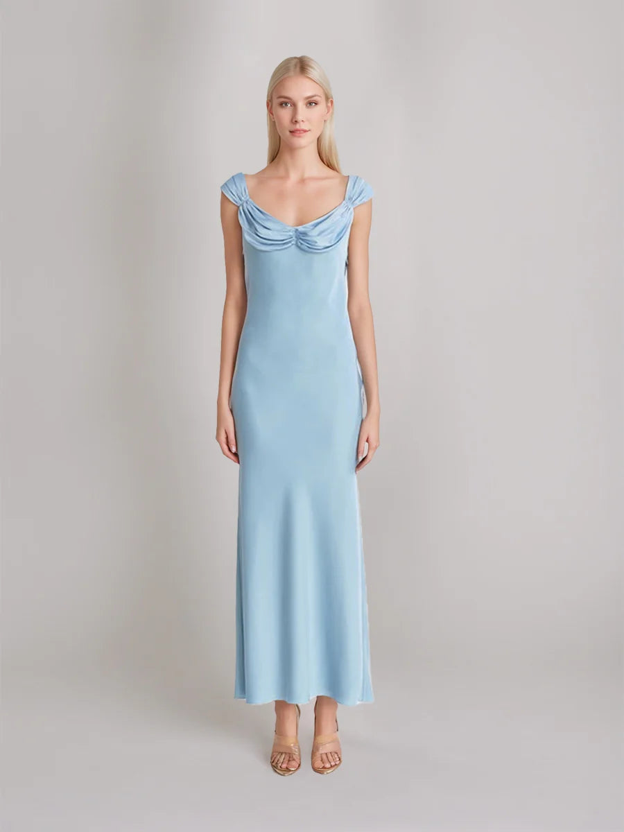 Romantic Cowl Neck Sleeveless Luxe Satin Mermaid Prom Dress with Open Tie-Back & Ruched Shoulder Detail