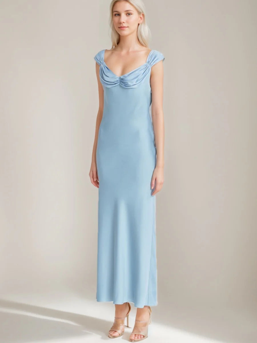 Romantic Cowl Neck Sleeveless Luxe Satin Mermaid Prom Dress with Open Tie-Back & Ruched Shoulder Detail