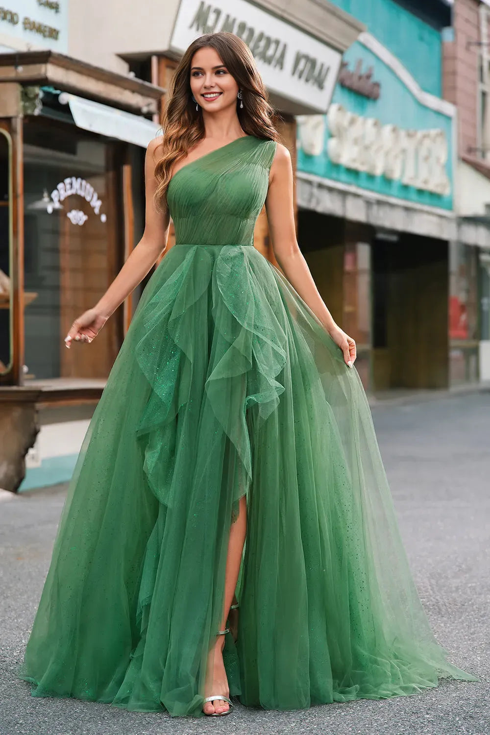 Romantic Dark Green A-Line One-Shoulder Sleeveless Ruched Tulle Lace-Up-Back Floor-Length Prom Dress with Slit