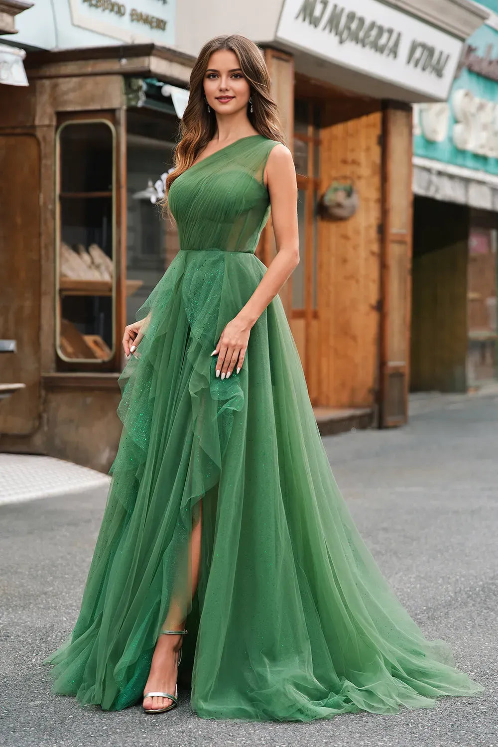 Romantic Dark Green A-Line One-Shoulder Sleeveless Ruched Tulle Lace-Up-Back Floor-Length Prom Dress with Slit
