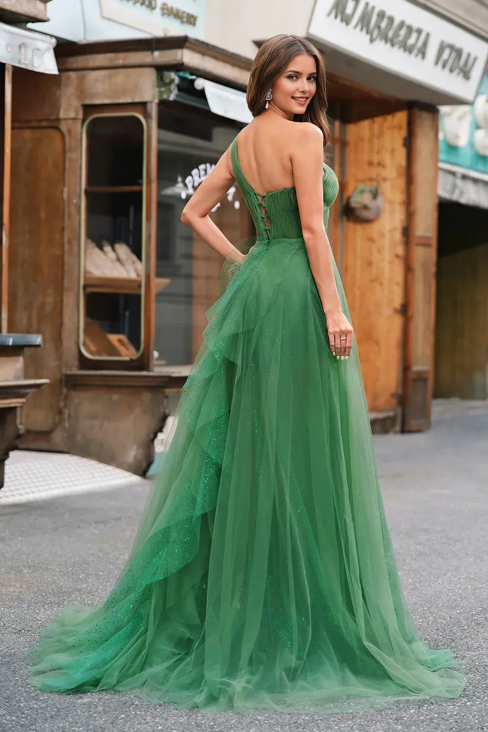 Romantic Dark Green A-Line One-Shoulder Sleeveless Ruched Tulle Lace-Up-Back Floor-Length Prom Dress with Slit