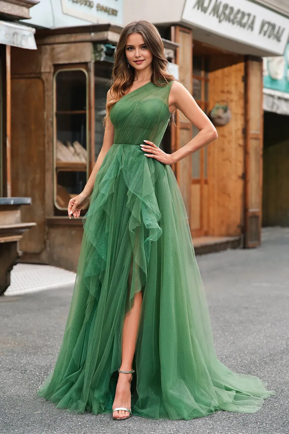 Romantic Dark Green A-Line One-Shoulder Sleeveless Ruched Tulle Lace-Up-Back Floor-Length Prom Dress with Slit