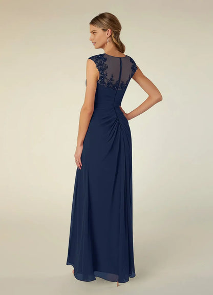Romantic Dark Navy A-Line Scoop Sequins Cap Sleeves Illusion Back Zip Floor-Length Side Leg Slit Mother of the Bride Dress for female guests
