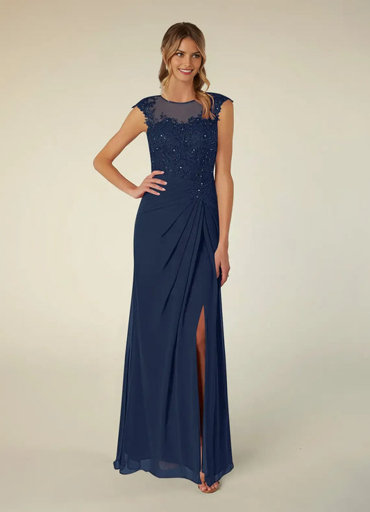 Romantic Dark Navy A-Line Scoop Sequins Cap Sleeves Illusion Back Zip Floor-Length Side Leg Slit Mother of the Bride Dress for female guests
