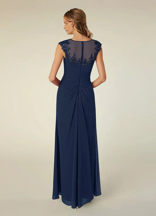 Romantic Dark Navy A-Line Scoop Sequins Cap Sleeves Illusion Back Zip Floor-Length Side Leg Slit Mother of the Bride Dress for female guests