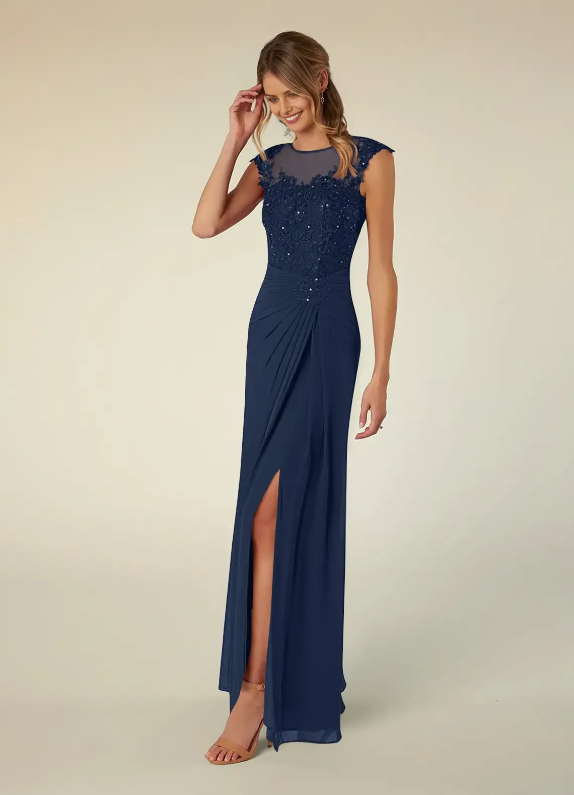 Romantic Dark Navy A-Line Scoop Sequins Cap Sleeves Illusion Back Zip Floor-Length Side Leg Slit Mother of the Bride Dress for female guests
