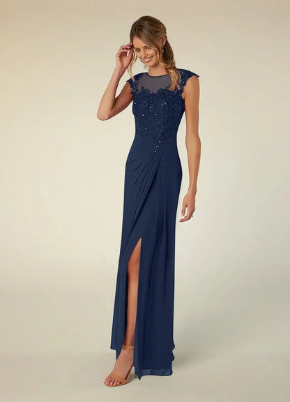 Romantic Dark Navy A-Line Scoop Sequins Cap Sleeves Illusion Back Zip Floor-Length Side Leg Slit Mother of the Bride Dress for female guests