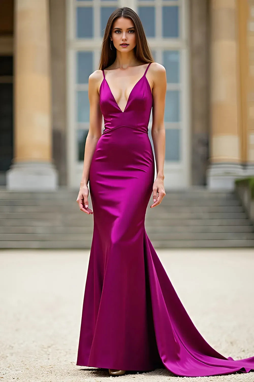 Romantic Dark Purple Mermaid Deep V-Neck Spaghetti Strap Crisscross Back Floor-Length Satin Prom Dress