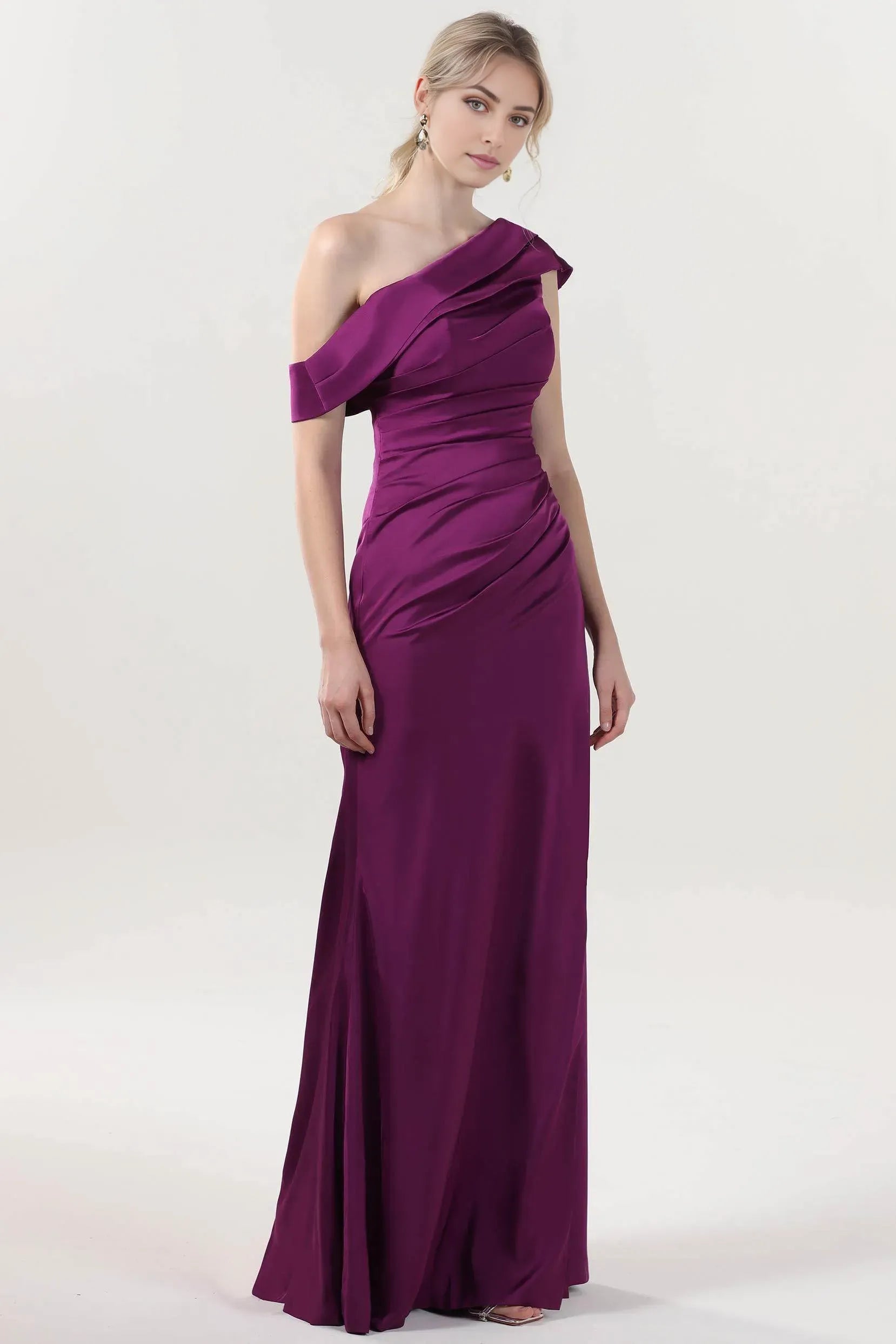 Romantic Dark Purple Sheath/Column One-Shoulder Sleeveless Back Zip Floor-Length Satin Ruched  Prom Dress with High Slit