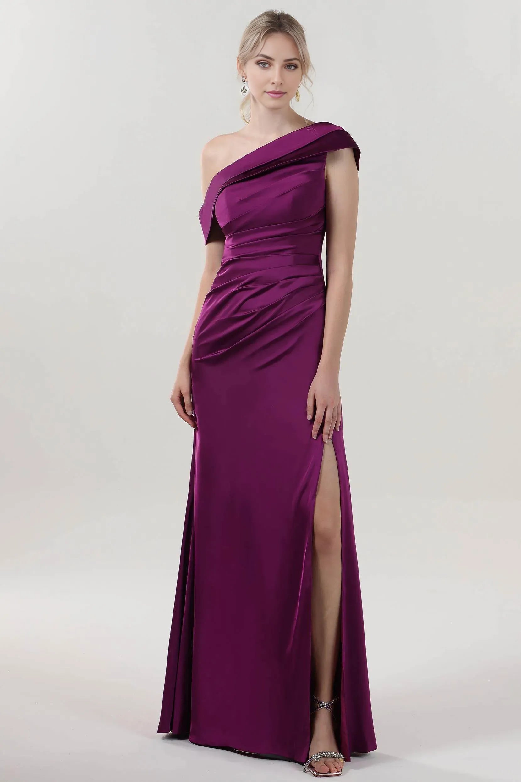 Romantic Dark Purple Sheath/Column One-Shoulder Sleeveless Back Zip Floor-Length Satin Ruched  Prom Dress with High Slit