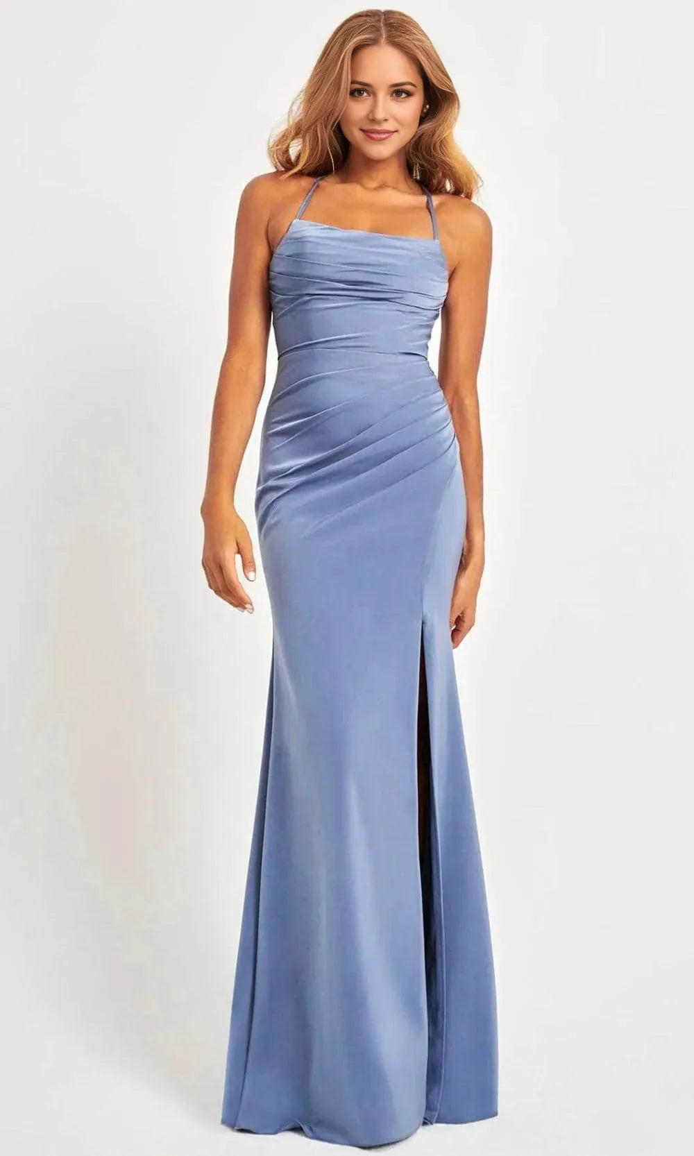 Romantic Dark Teal Sheath Halter Neck Sleeveless Crisscross Back Floor-Length Ruched Satin High Slit Prom Dresses