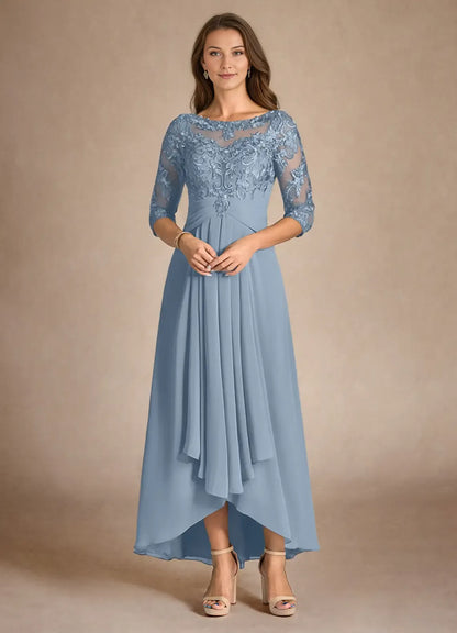 Romantic Dusty Blue A-Line Lace Scoop Neck Three-Quarter Sleeve Back Zip Asymmetrical  Mother of the Bride Dress for women hot sale