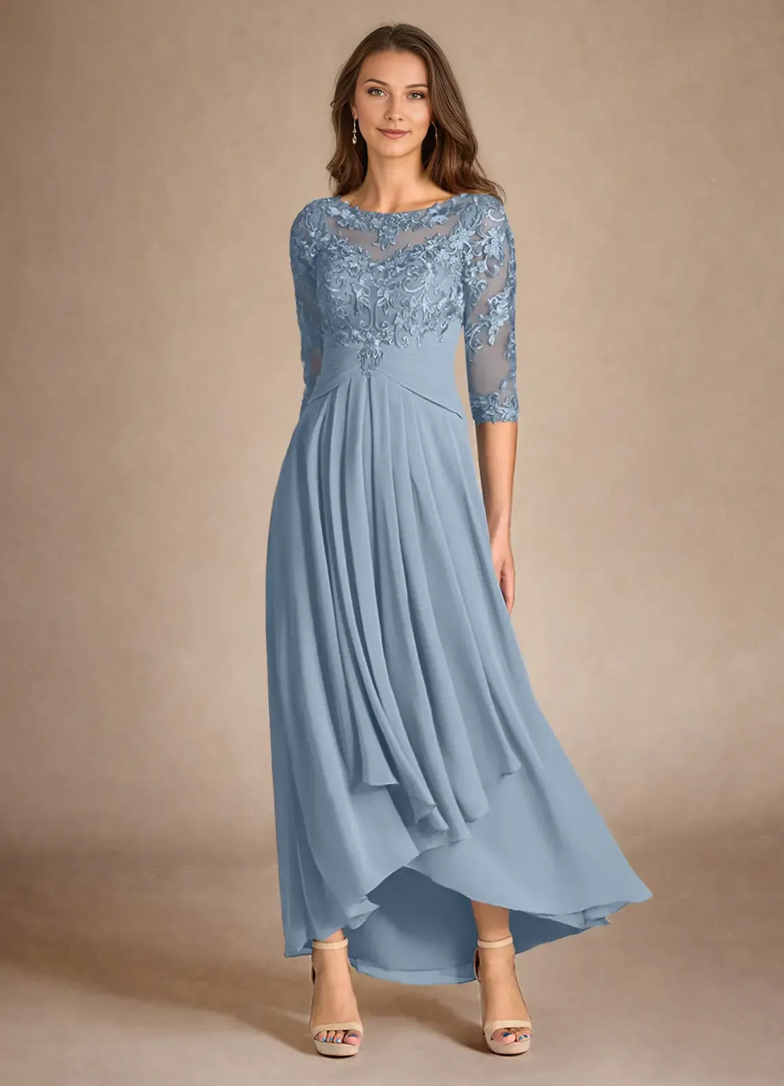 Romantic Dusty Blue A-Line Lace Scoop Neck Three-Quarter Sleeve Back Zip Asymmetrical  Mother of the Bride Dress for women hot sale