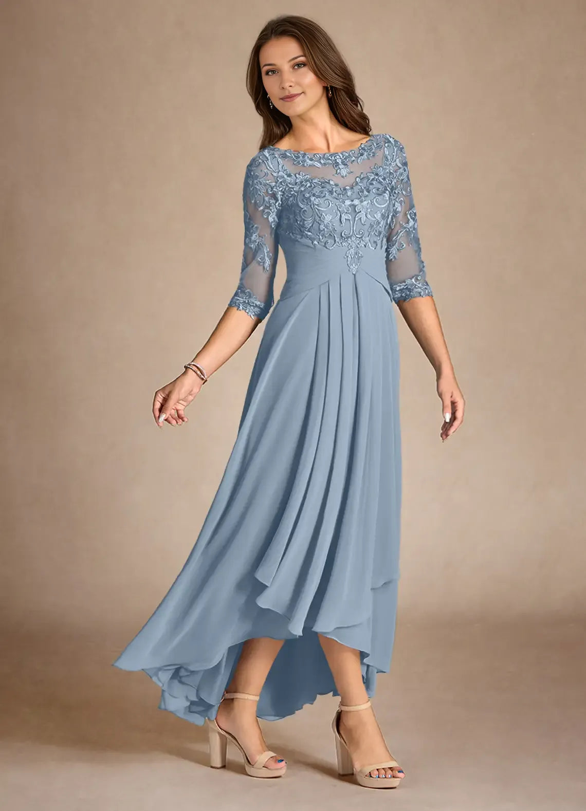 Romantic Dusty Blue A-Line Lace Scoop Neck Three-Quarter Sleeve Back Zip Asymmetrical  Mother of the Bride Dress for women hot sale