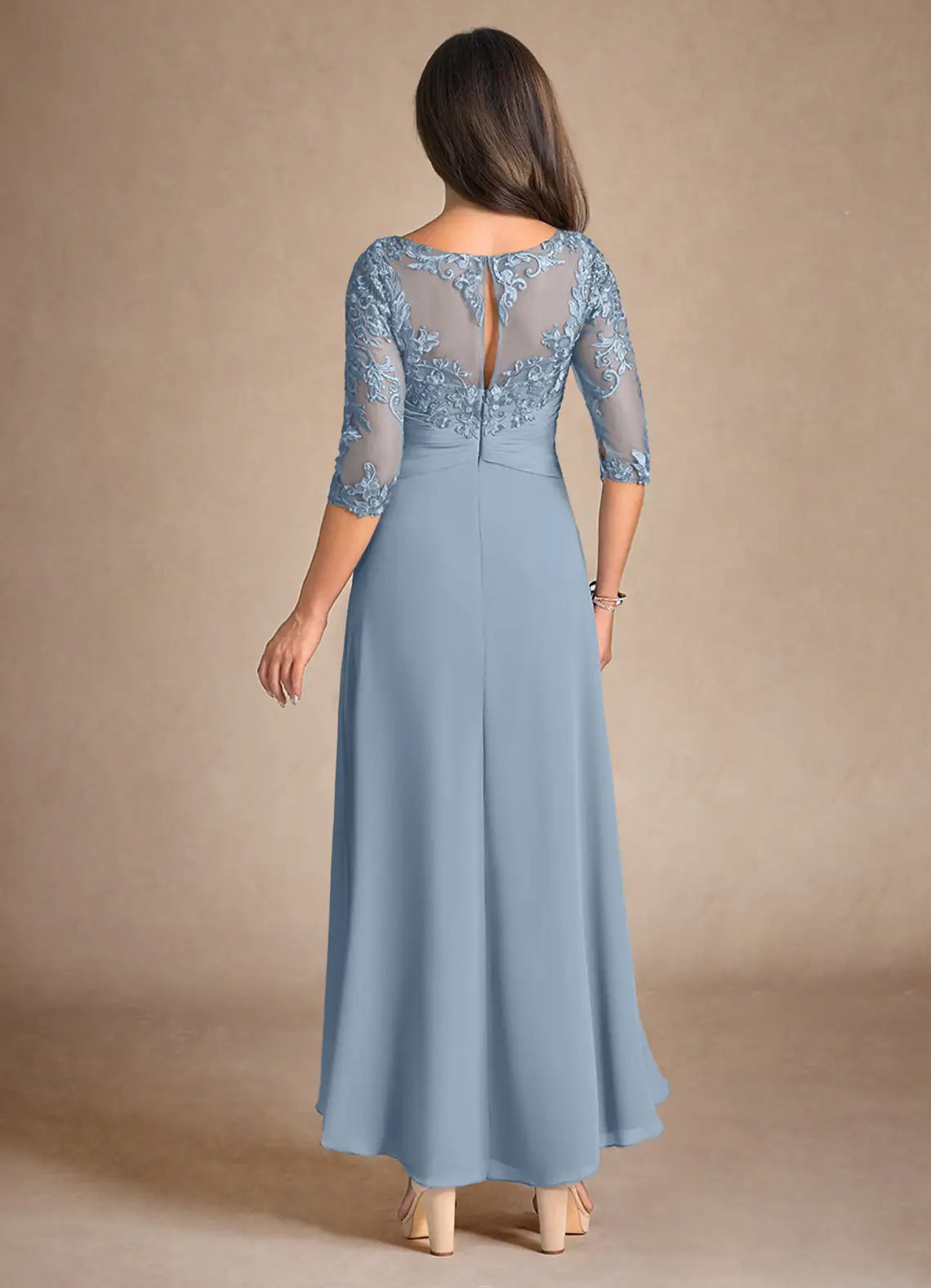 Romantic Dusty Blue A-Line Lace Scoop Neck Three-Quarter Sleeve Back Zip Asymmetrical  Mother of the Bride Dress for women hot sale