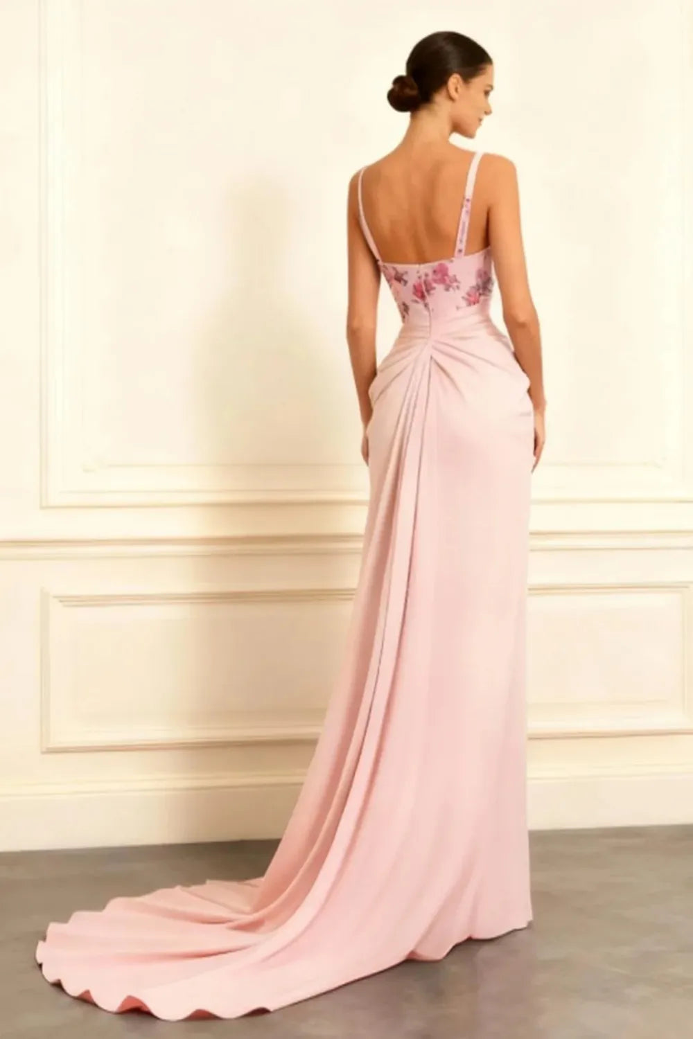 Romantic Dusty Rose Sheath Sweetheart Neck Spaghetti-Straps Ruched Floral-Embroidered Floor-Length Prom Dress with Slit