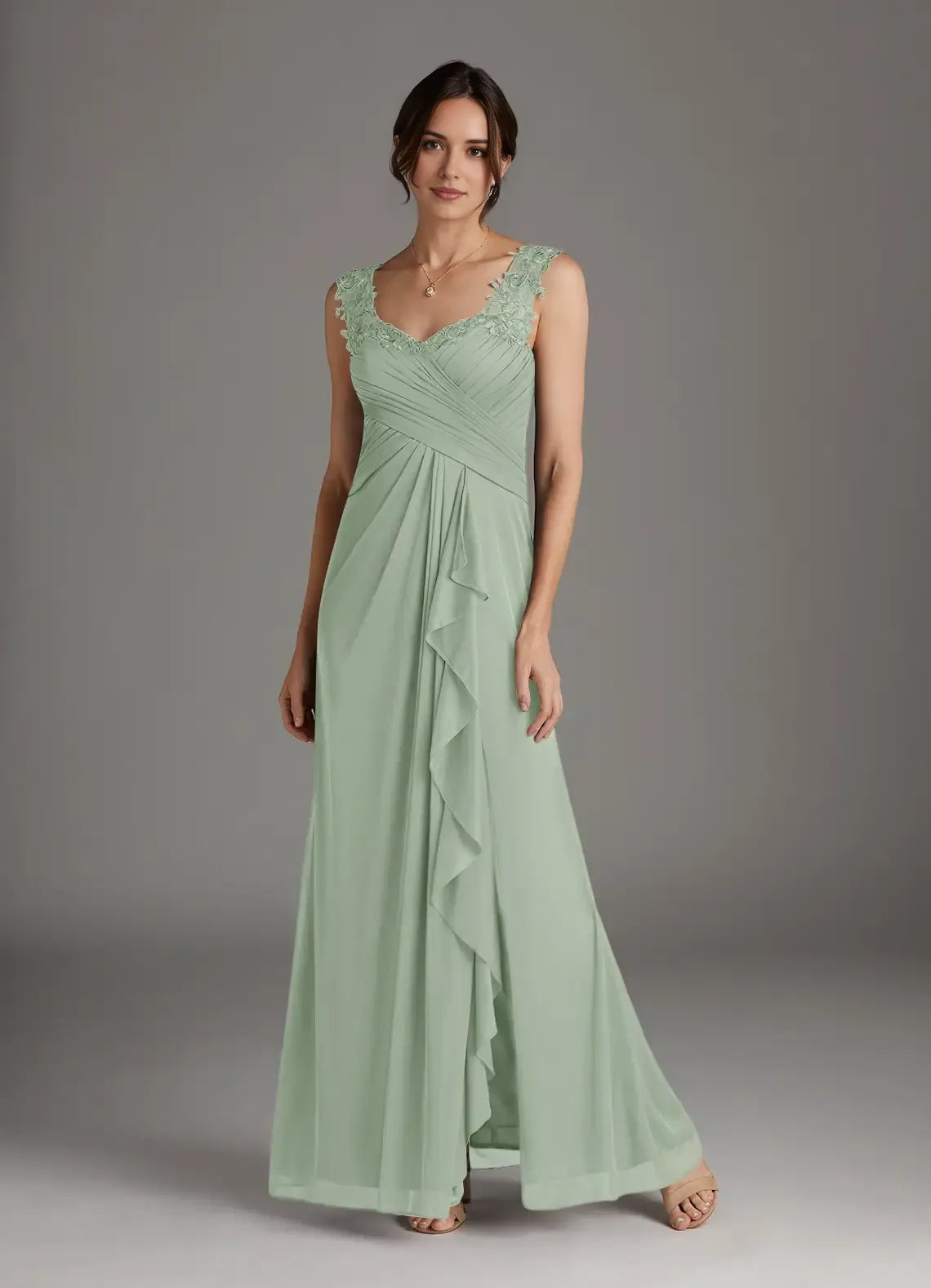 Romantic Dusty Sage A-Line Sweetheart Lace Sleeveless Back Zip Floor-Length  Mother of the Bride Dress for women