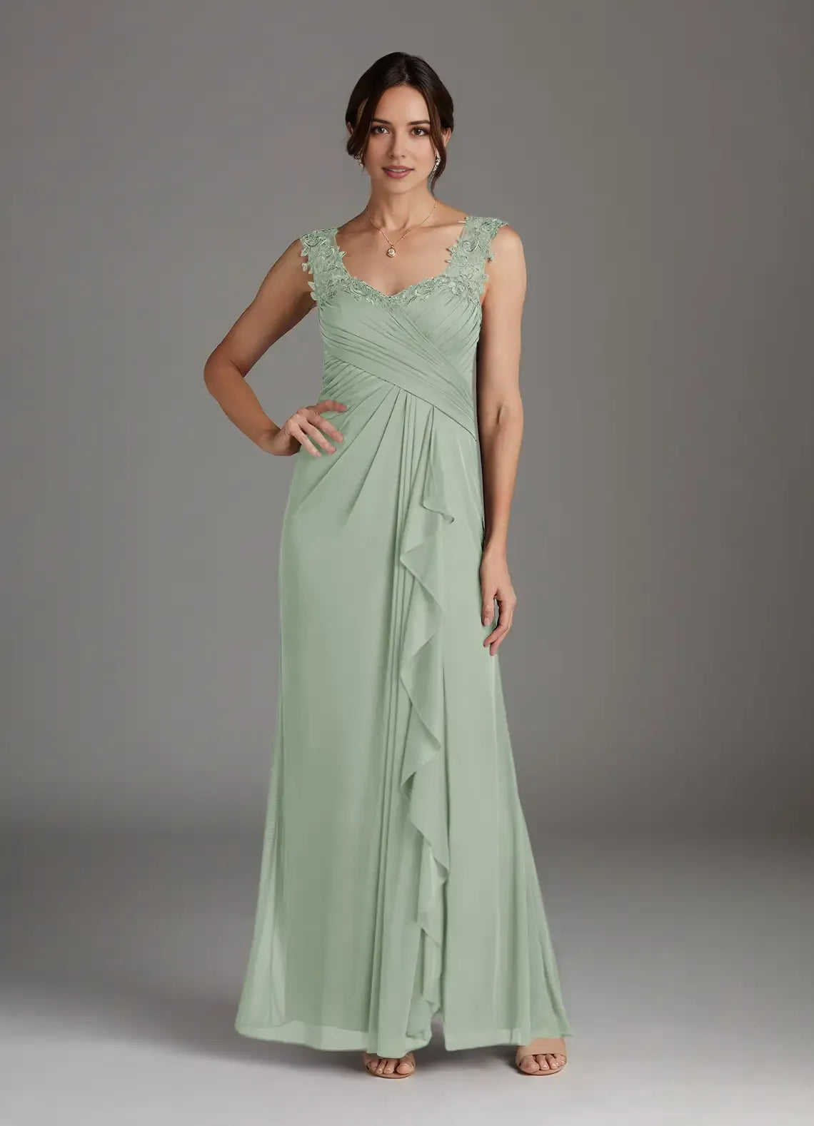 Romantic Dusty Sage A-Line Sweetheart Lace Sleeveless Back Zip Floor-Length  Mother of the Bride Dress for women