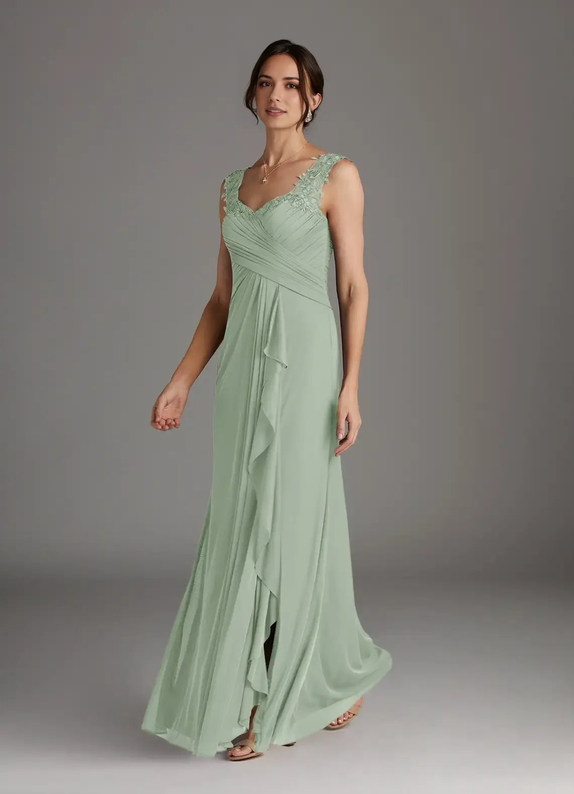 Romantic Dusty Sage A-Line Sweetheart Lace Sleeveless Back Zip Floor-Length  Mother of the Bride Dress for women