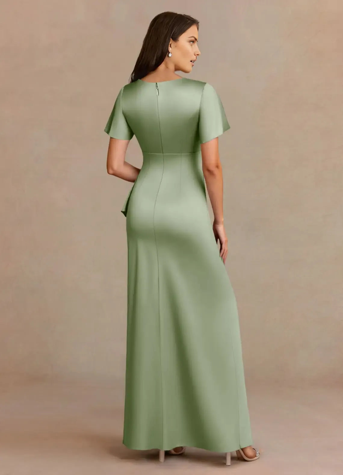 Romantic Dusty Sage A-Line  V-Neck Flutter Sleeve Beaded Back Zip Floor-Length Mother of the Bride Dress hot sale