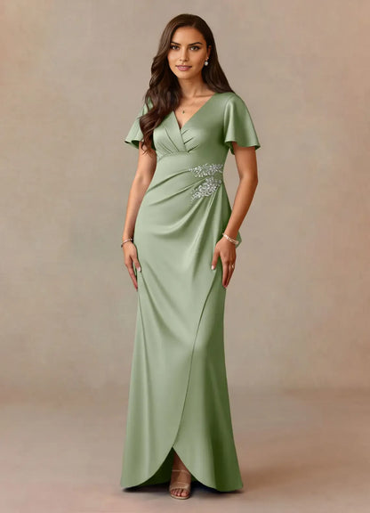 Romantic Dusty Sage A-Line  V-Neck Flutter Sleeve Beaded Back Zip Floor-Length Mother of the Bride Dress hot sale