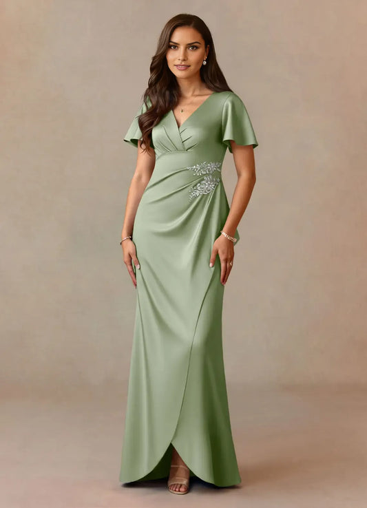 Romantic Dusty Sage A-Line  V-Neck Flutter Sleeve Beaded Back Zip Floor-Length Mother of the Bride Dress hot sale