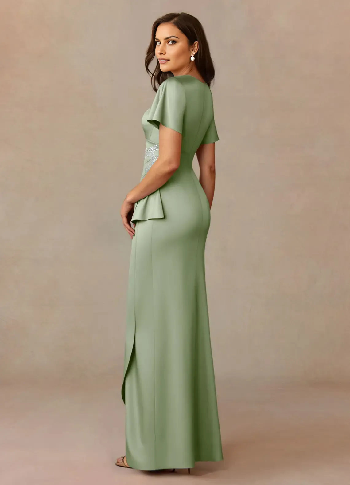 Romantic Dusty Sage A-Line  V-Neck Flutter Sleeve Beaded Back Zip Floor-Length Mother of the Bride Dress hot sale