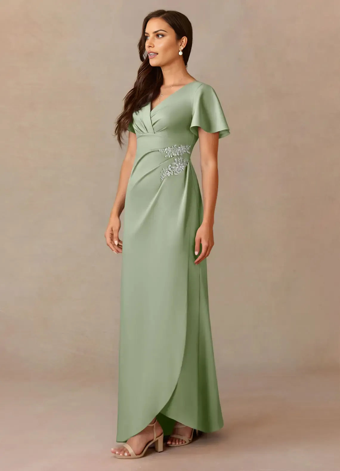 Romantic Dusty Sage A-Line  V-Neck Flutter Sleeve Beaded Back Zip Floor-Length Mother of the Bride Dress hot sale