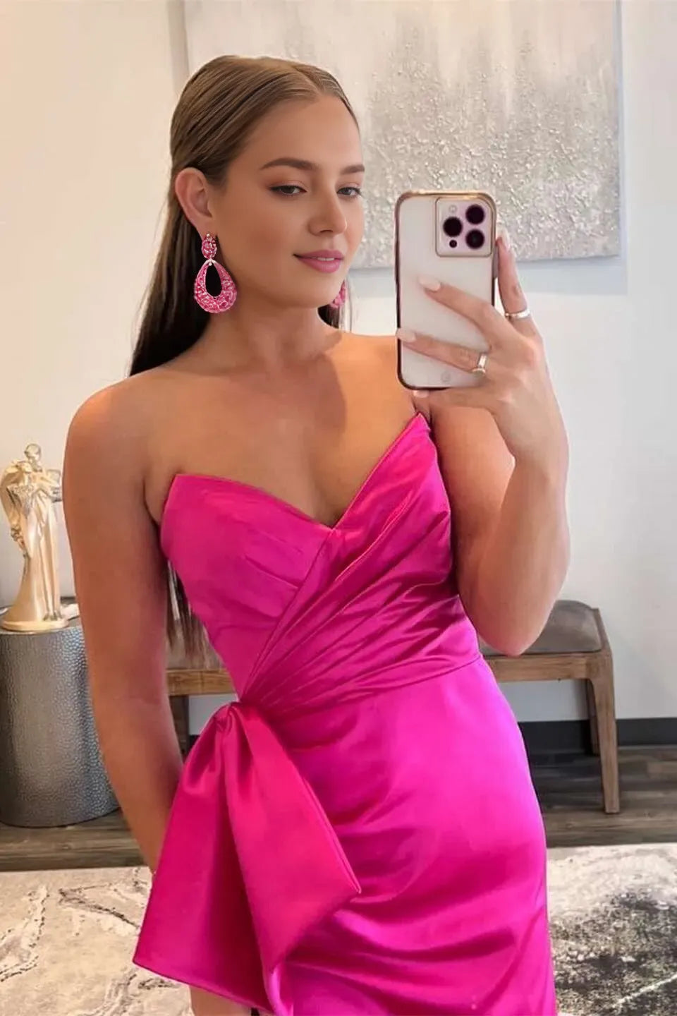 Romantic Fuchsia Mermaid Sweetheart Neck Sleeveless Satin Bow-Accent High-Slit Floor-Length Prom Dresses