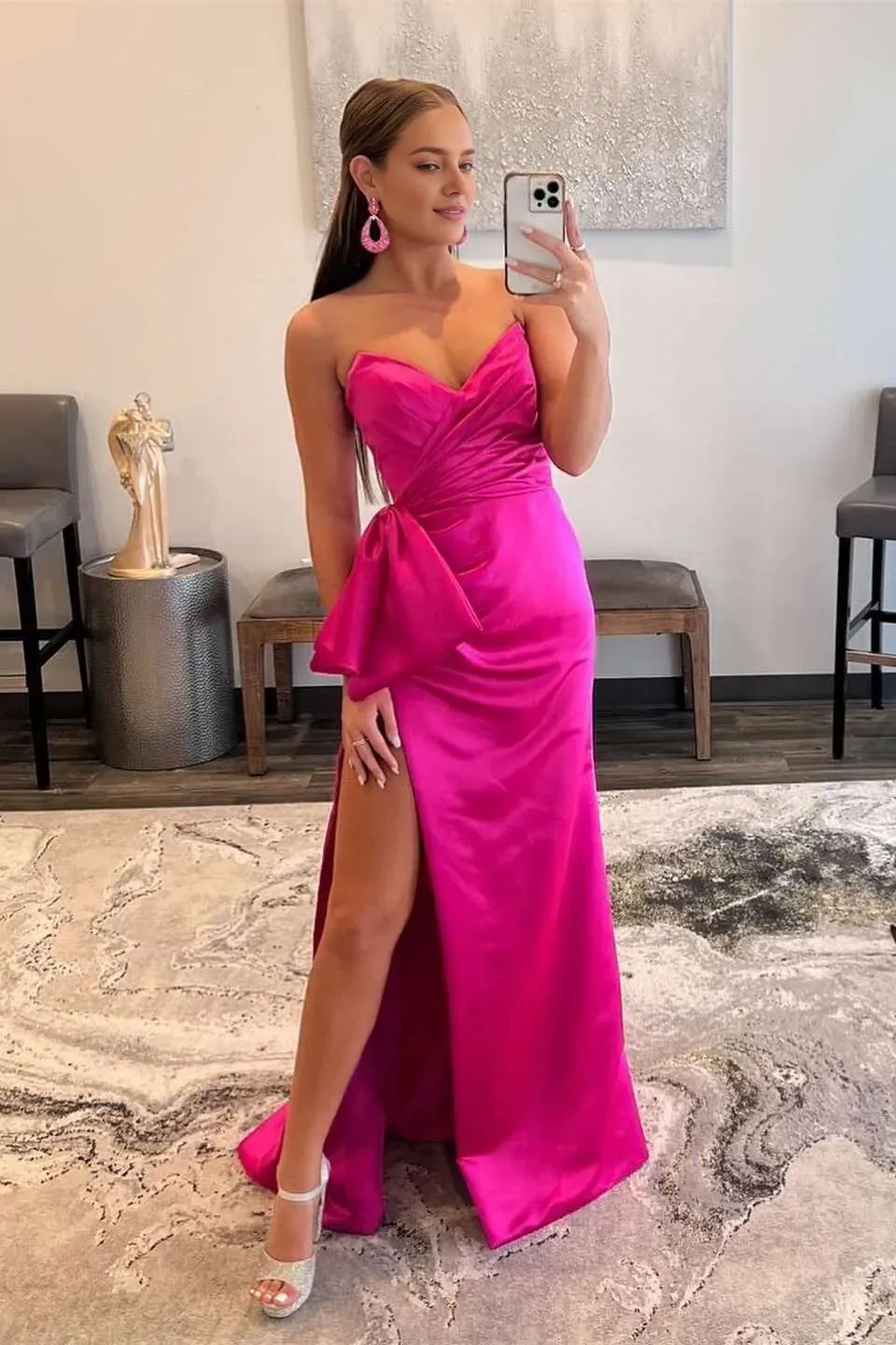 Romantic Fuchsia Mermaid Sweetheart Neck Sleeveless Satin Bow-Accent High-Slit Floor-Length Prom Dresses