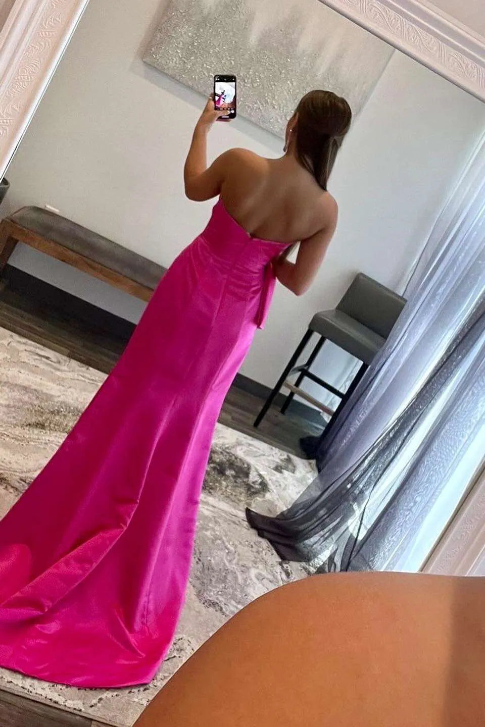 Romantic Fuchsia Mermaid Sweetheart Neck Sleeveless Satin Bow-Accent High-Slit Floor-Length Prom Dresses