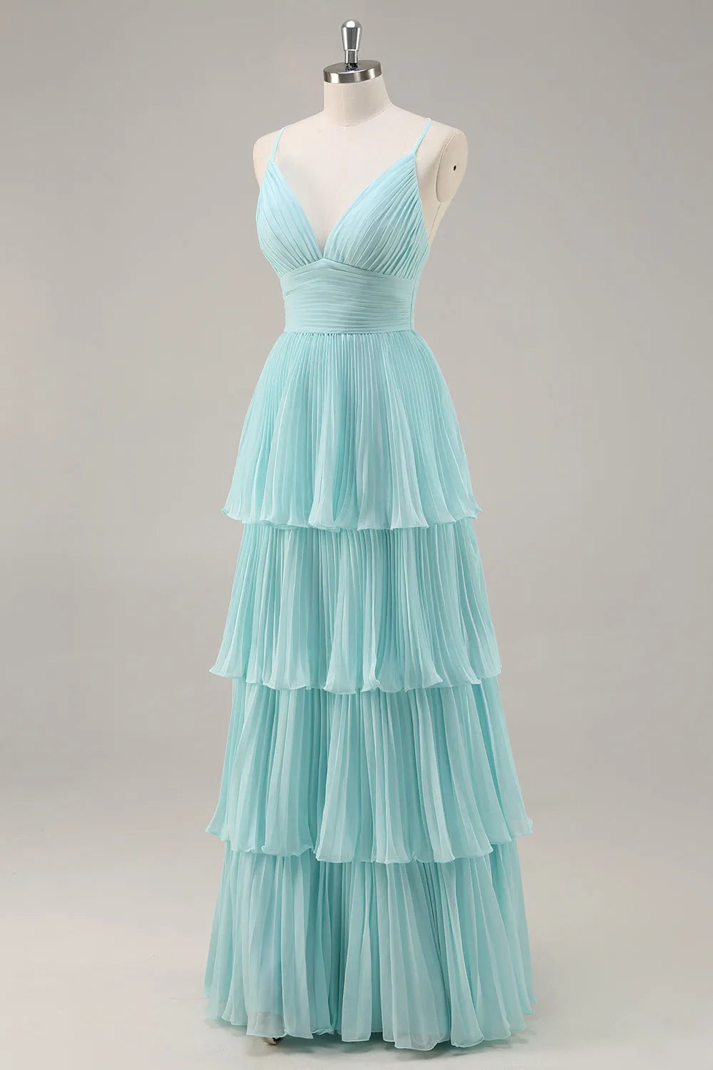 Romantic Green Chiffon A -Line V -Neck Spaghetti Strap Crisscross Tiered Pleated Floor - Length Prom Dress