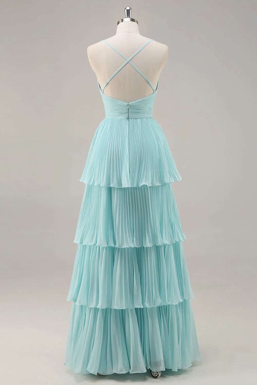 Romantic Green Chiffon A -Line V -Neck Spaghetti Strap Crisscross Tiered Pleated Floor - Length Prom Dress