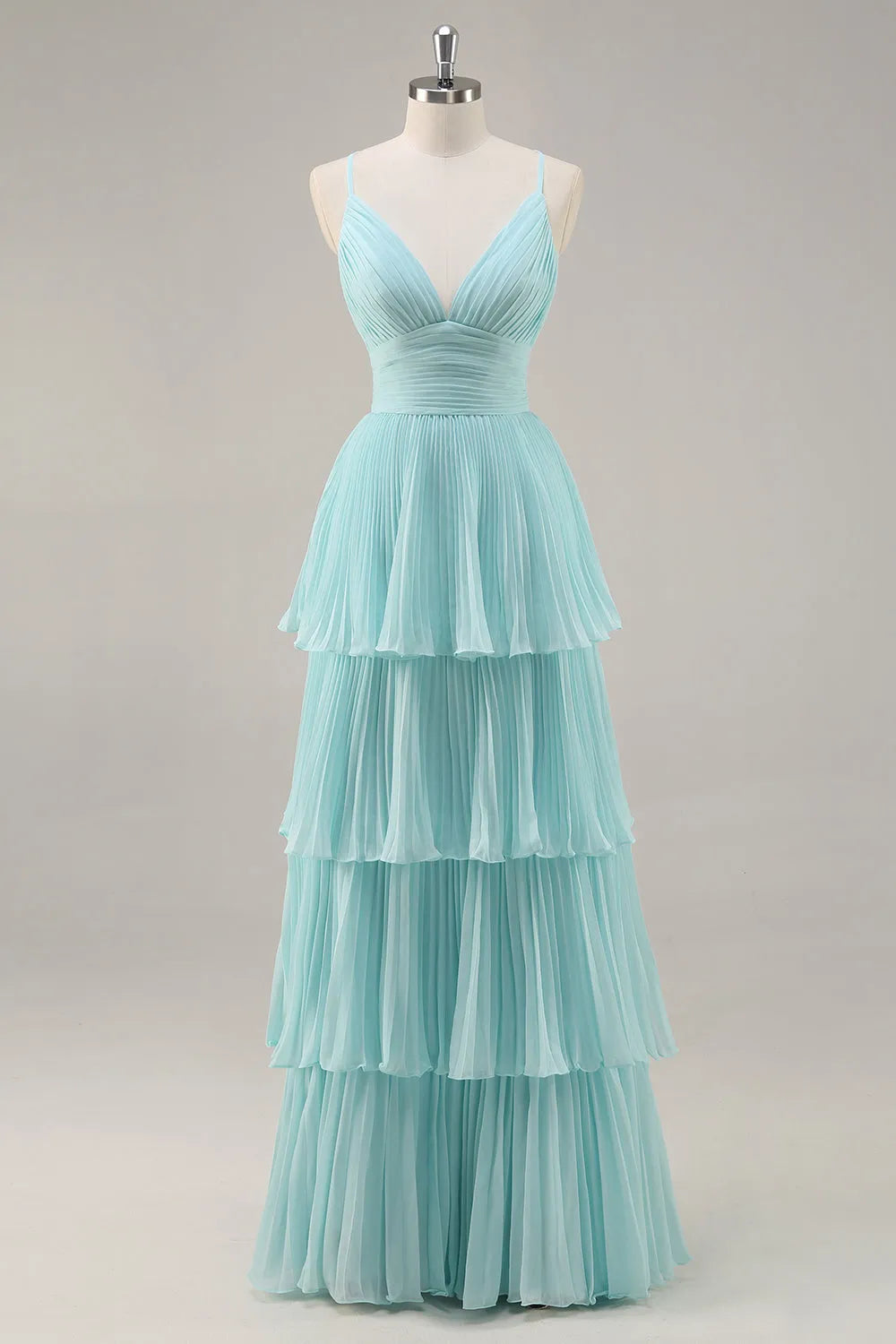 Romantic Green Chiffon A -Line V -Neck Spaghetti Strap Crisscross Tiered Pleated Floor - Length Prom Dress