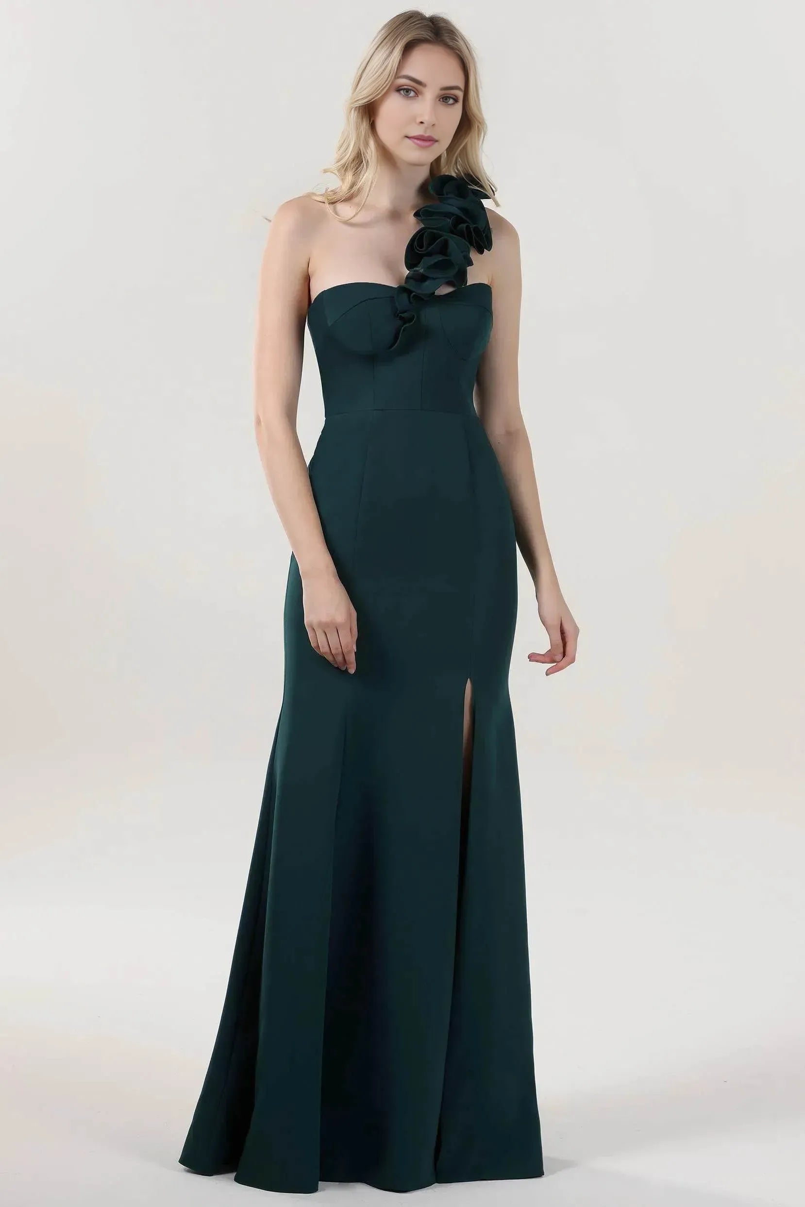 Romantic Hunter Green Mermaid One-Shoulder Sleeveless Back Zip Floor-Length Satin Ruffled Prom Dress with High Slit