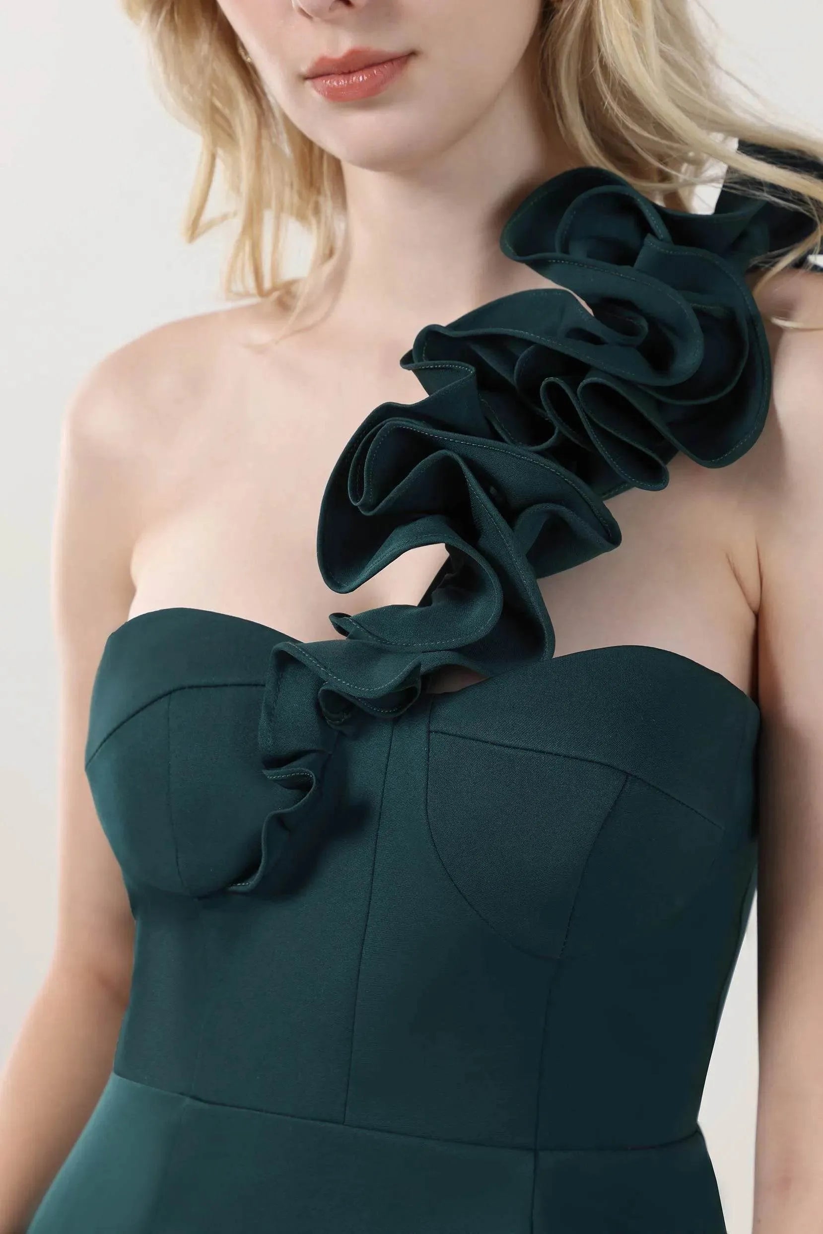 Romantic Hunter Green Mermaid One-Shoulder Sleeveless Back Zip Floor-Length Satin Ruffled Prom Dress with High Slit