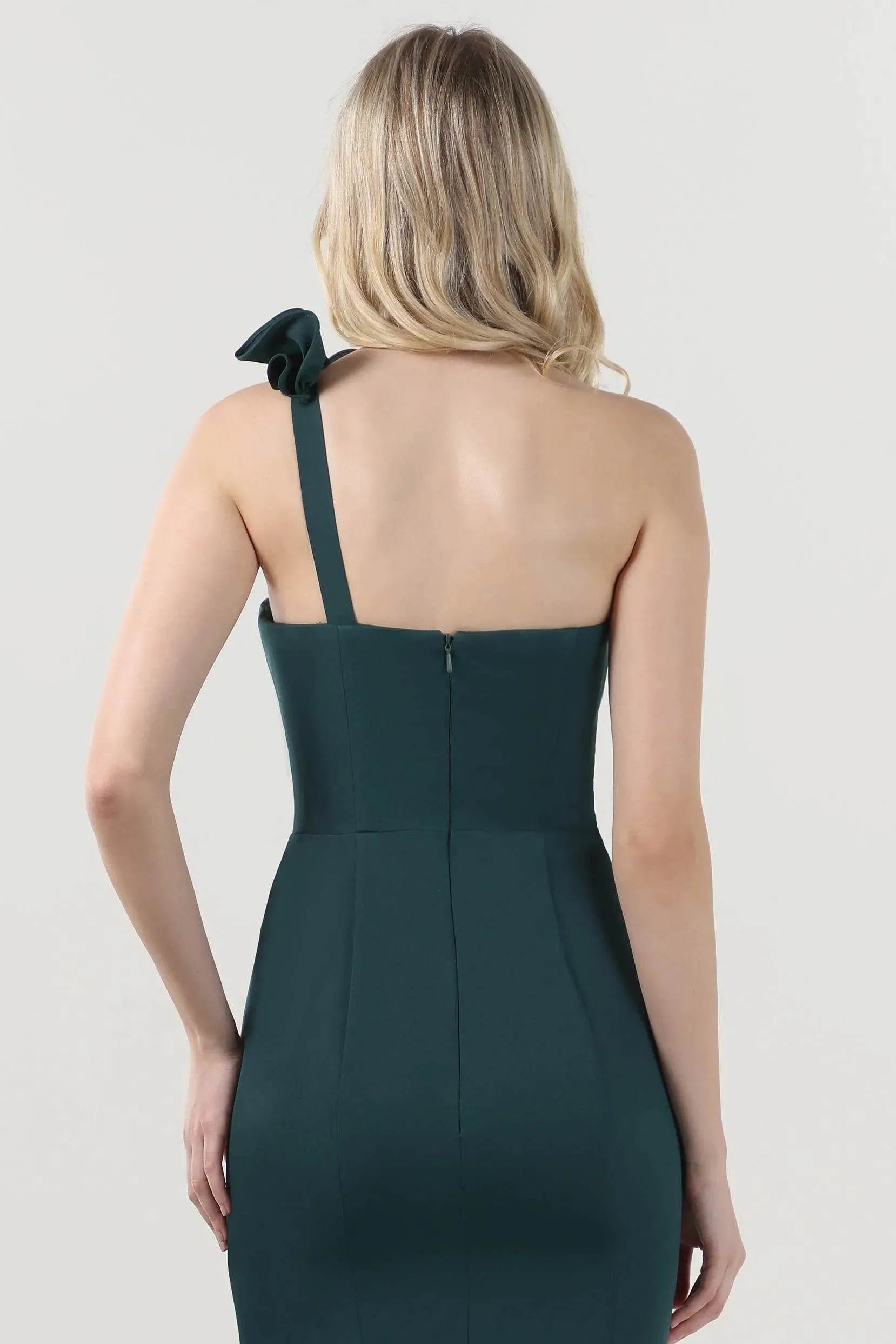 Romantic Hunter Green Mermaid One-Shoulder Sleeveless Back Zip Floor-Length Satin Ruffled Prom Dress with High Slit