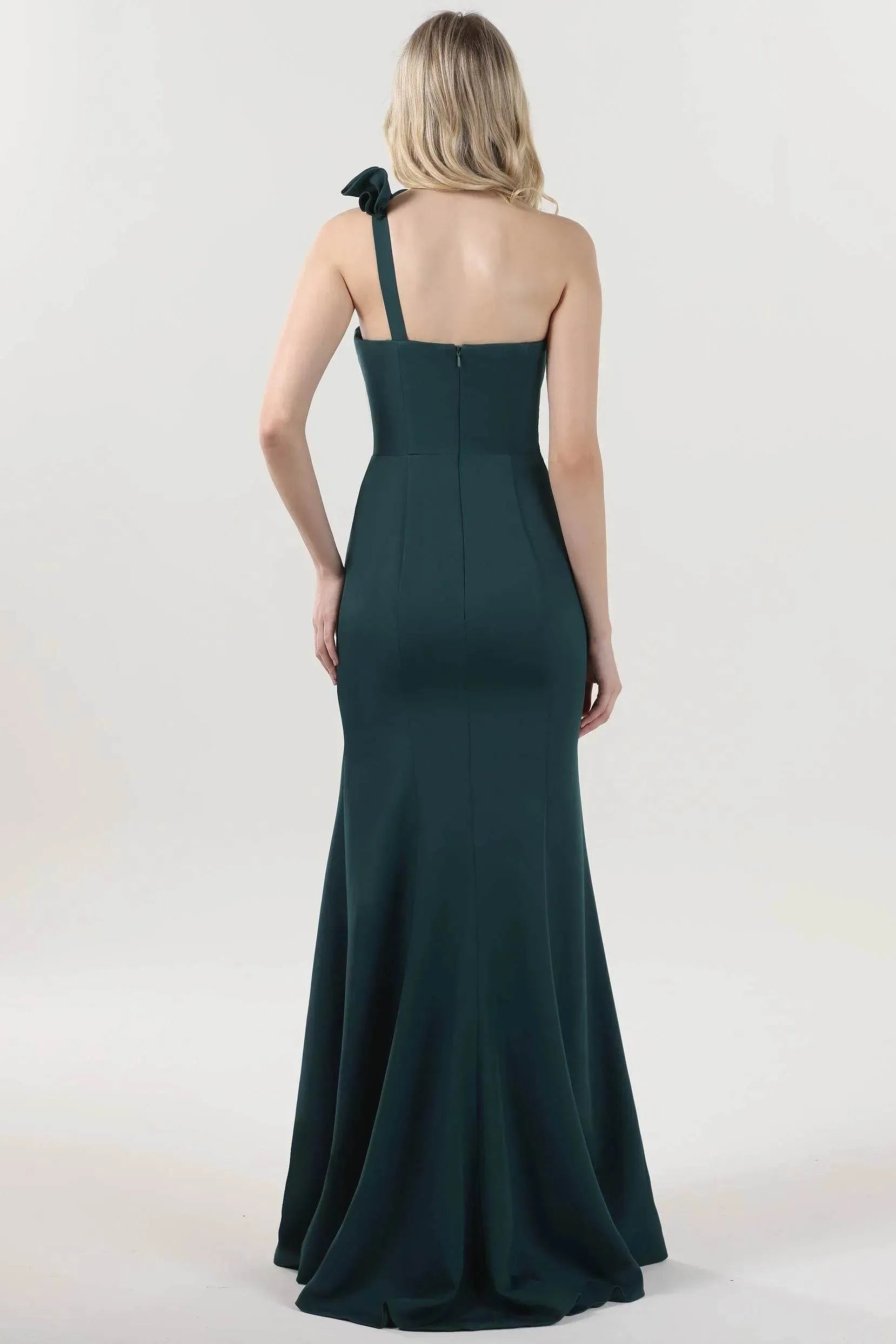 Romantic Hunter Green Mermaid One-Shoulder Sleeveless Back Zip Floor-Length Satin Ruffled Prom Dress with High Slit