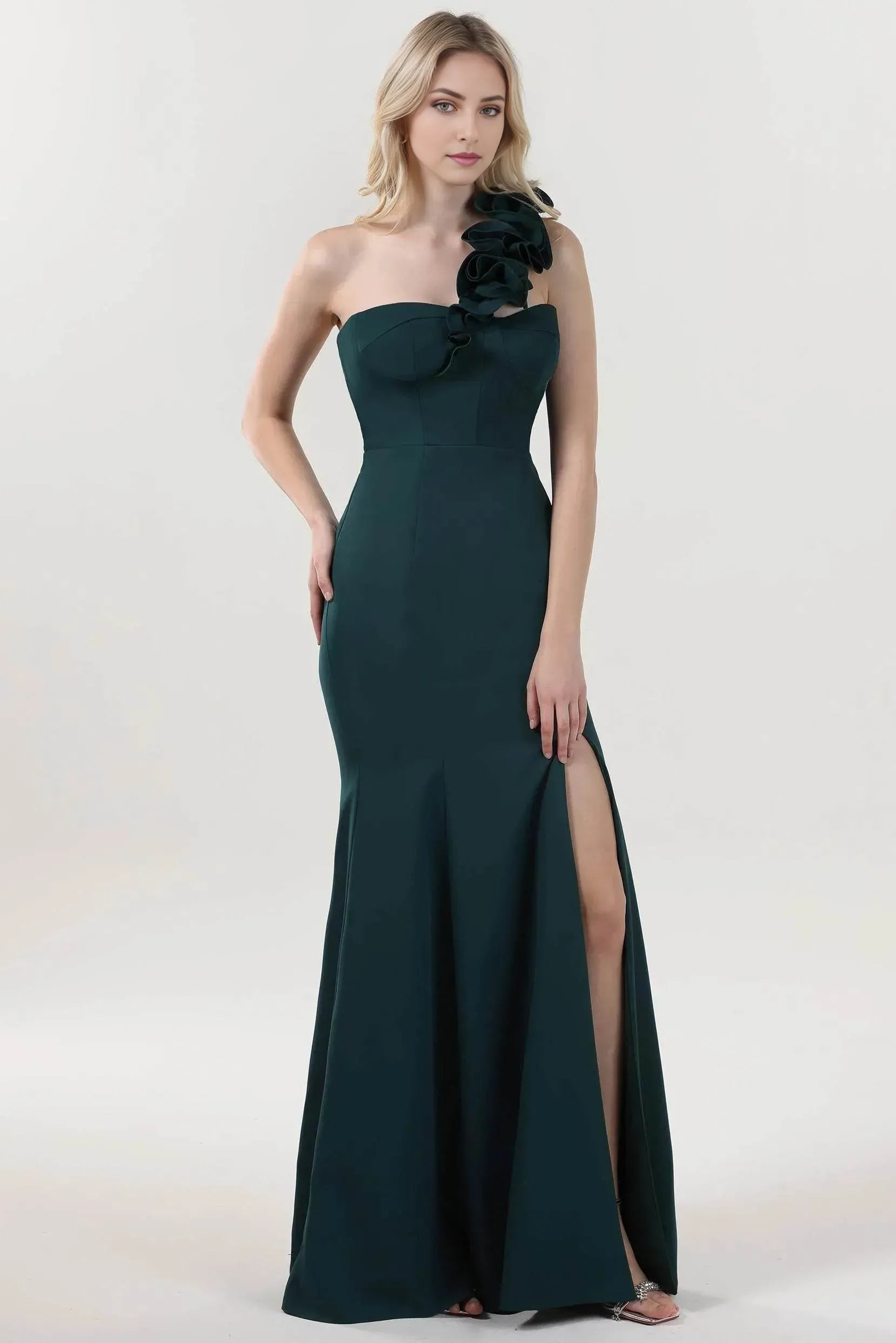 Romantic Hunter Green Mermaid One-Shoulder Sleeveless Back Zip Floor-Length Satin Ruffled Prom Dress with High Slit